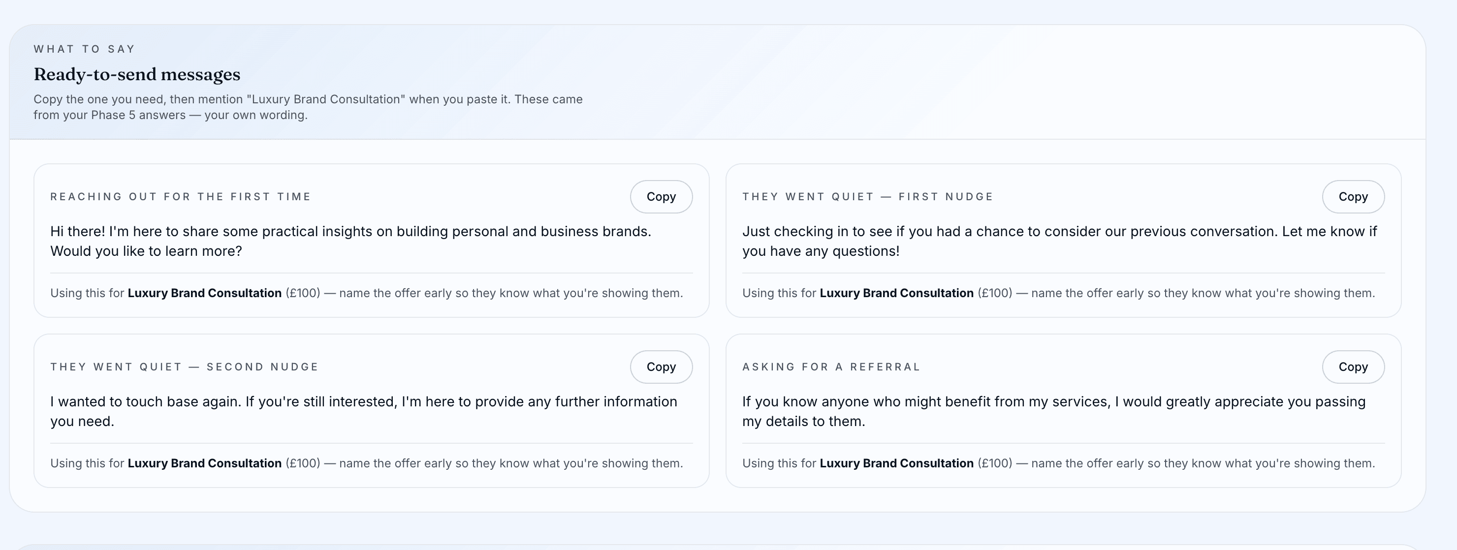 The MaWorks ready-to-send messages library showing four pre-written follow-up scripts for a Luxury Brand Consultation offer.